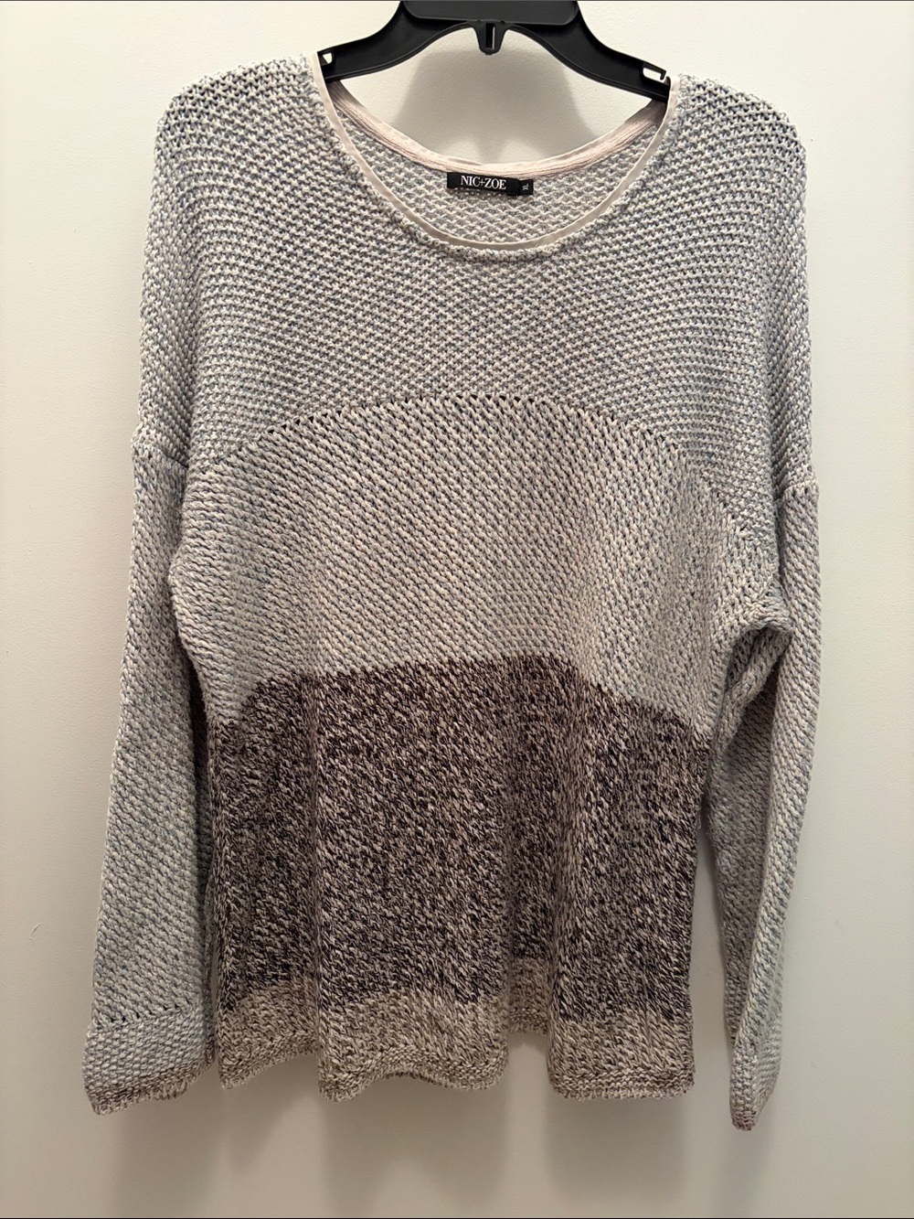 NIC+ZOE Two-Tone Crewneck Sweater in Light Gray and Navy Tweed